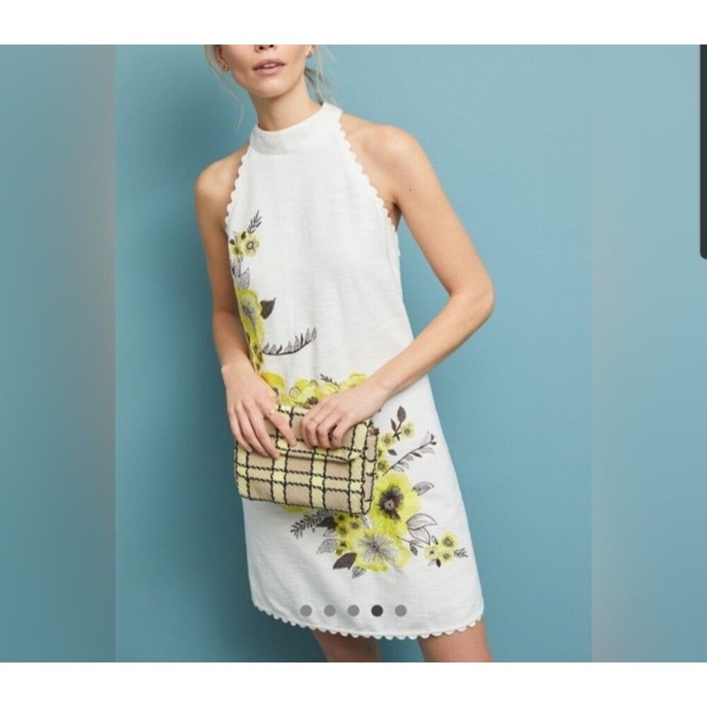 Maeve Anthropologie Yellow Petunia White Embroidered Dress High Neck Cotton Sz 8